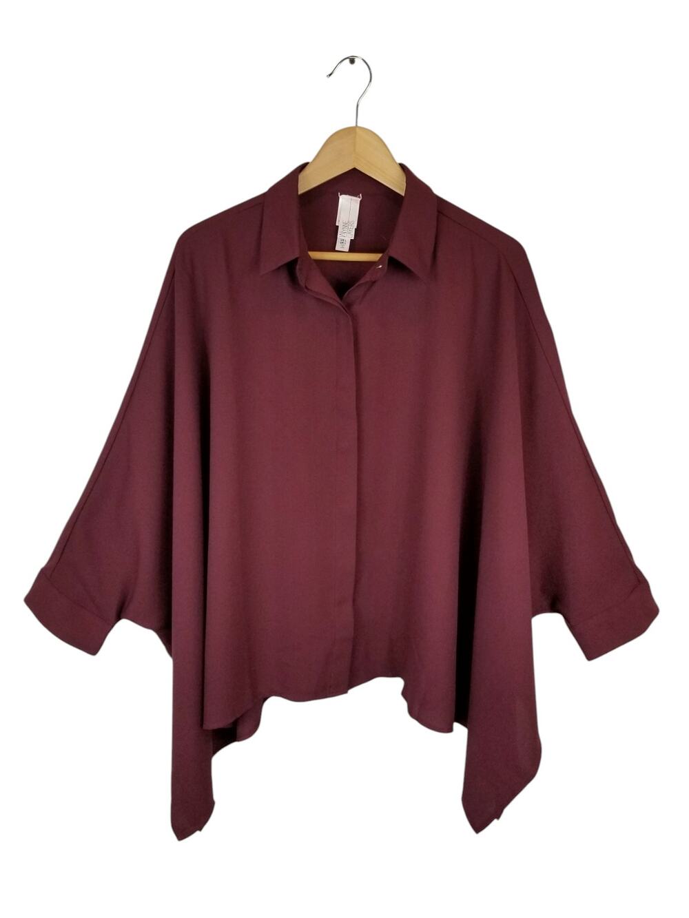 Marla Wynne Layers Drapey Unstructured Boxy Fit Button Down Shirt Burgundy Large